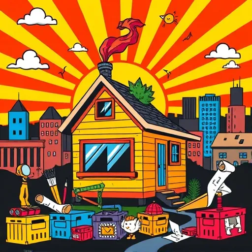 A vibrant, pop art-inspired blog cover illustrating ADU (Accessory Dwelling Unit) construction with bold, contrasting colors including bright yellow, fiery red, electric blue, and sharp black. The scene features a stylized, cartoonish tiny house with exaggerated elements such as large windows, a whimsical rooftop garden, and a playful chimney emitting colorful swirling smoke. Surrounding the house are oversized, colorful construction tools like hammers, saws, paintbrushes, and blueprint scrolls arranged dynamically. In the background, a simplified cityscape of geometric buildings under a sunset sky with radiating pop art rays and dotted patterns emphasizes the urban theme of ADUs. Playful details, including smiling clouds, bouncing crates, and cartoon birds wearing tiny hard hats, add charm and personality. The overall mood is energetic and optimistic, highlighting innovation and creativity in small-scale urban expansion through a lively, colorful pop art style.