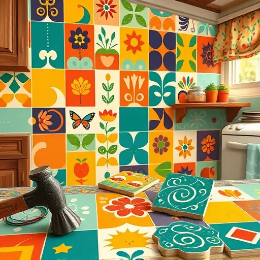 A colorful folk art-inspired scene illustrating the process of backsplash installation in a cozy kitchen. The intricately patterned tiled wall features vibrant geometric motifs, including swirling vines, playful animals, and abstract shapes, rendered in bold contrasting colors such as deep teal, mustard yellow, burnt orange, and soft peach. The warm, inviting kitchen environment showcases rustic wooden cabinets, vintage appliances, and folk-art curtains, creating a handcrafted atmosphere. In the foreground, a whimsical toolkit displays tools like a floral-carved hammer and a patterned grout float, arranged as part of a folk art tableau. The tiles in various stages of installation are decorated with exaggerated, fanciful details, including a fluttering butterfly on a tile, tiny stars hidden within grout lines, and a cheerful sun peeking through the window. The scene's background features a cheerful kitchen nook with colorful jars and decorative elements, emphasizing an imaginative, friendly, and festive mood. This folk art-style depiction highlights the creative and personable side of a practical home improvement task with bold lines, decorative patterns, and a lively color palette.