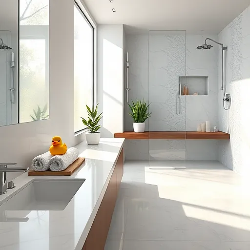 A modern bathroom interior featuring gleaming marble countertops and minimalist floating vanities, complemented by a luxurious walk-in shower with glass panels and intricate tile patterns. Polished surfaces and subtle reflections highlight the play of light and shadow, creating a calm and inviting atmosphere. Bright daylight filters through large frosted windows, casting soft, diffused illumination that enhances the spa-like ambiance. A quirky vintage-style rubber duck sits among plush, neatly rolled towels on a wooden shelf, adding a playful touch to the sophisticated setting. In the background, potted green plants and aromatic candles on a sleek shelf evoke freshness and relaxation, emphasizing the tranquil yet lively environment. The space showcases a stylish bathroom remodel with an earthy, muted color palette of soft whites, warm taupes, gentle greens, and subtle metallic accents, blending practicality with aesthetic appeal to convey a sense of rejuvenation and luxury.