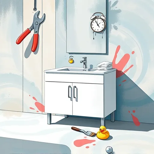 A vibrant Tachisme-inspired illustration depicting the process of bathroom vanity installation with an artistic and expressive style. The scene showcases a modern, partially assembled bathroom vanity with sleek lines, painted with bold, sweeping brushstrokes and textured layers of white, soft greys, aqua, and coral, adding lively energy. Surrounding the vanity are oversized, loosely sketched tools such as pliers, a wrench, and a screwdriver, floating dynamically to highlight the hands-on aspect of installation. The background features a dreamy bathroom environment with swirling, textured tiles in muted blues and soft beiges, blending into an atmospheric, painterly space that conveys depth and movement. Artistic details, like a dripping paintbrush and splashes of color, reflect the chaos and creativity of installation, balanced by a sense of calm professionalism and spontaneous energy. Quirky elements, such as a tiny melting clock or a floating rubber duck, add personality without distraction. The color palette of calming blues, warm neutrals, and lively accents emphasizes texture and emotion, making this an engaging, artistic blog cover image that celebrates craftsmanship, creativity, and the expressive nature of bathroom vanity installation in a Tachisme style.