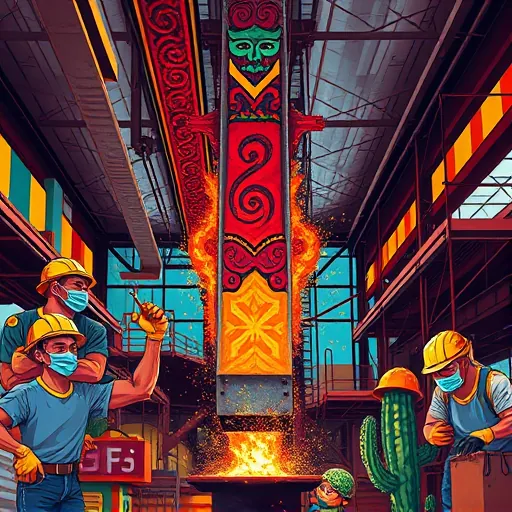 A vibrant mural-inspired scene depicting a steel beam installation, blending industrial craftsmanship with Mexican cultural artistry. The towering steel beam is decorated with vivid, swirling motifs and geometric patterns reminiscent of traditional Mexican textiles. Sparks of molten metal dance around the beam, symbolizing intense labor and transformation, conveying movement and energy. Stylized workers, depicted as abstract, mythical figures with muscular builds and colorful folk-art-inspired masks, emphasize strength and resilience. The background features an urban workshop with high ceilings, scaffolding, bold flat color blocks, and dramatic shadows that add depth. Playful details include cheerful cacti wearing construction helmets and tiny whimsical creatures peeking from corners, introducing surreal elements. The color palette primarily includes warm reds, deep oranges, rich yellows, accented by cool blues and earthy browns, evoking warmth, vitality, and fiery Mexican mural passion. The overall mood is inspiring and playful, celebrating craftsmanship, community, and cultural pride through a dynamic, mural-like illustration ideal for a striking blog cover.
