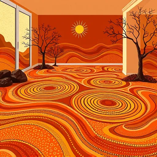 A vibrant abstract scene inspired by Aboriginal art styles illustrating the benefits of radiant floor heating in luxury remodels. The composition features flowing, interconnected patterns resembling warm currents weaving beneath a sleek, high-end home interior with polished flooring. Swirling lines and concentric circles symbolize heat distribution and energy flow, rendered in bold earthy tones of terracotta, deep ochre, and burnt sienna, accented with rich gold to evoke warmth and luxury. The background includes minimalist interior elements and stylized natural features such as abstract trees with decorative bark textures, rocky formations, and a stylized sun radiating gentle gold rays to represent outward warmth. Playful motifs of tiny flames woven into the patterns and delicate dot work reminiscent of traditional Aboriginal art add depth, texture, and rhythmic visual interest. Overall, the scene exudes a warm, inviting, and sophisticated atmosphere, blending organic natural-inspired design with modern comfort and highlighting innovative home heating solutions through detailed line work and dot detailing.
