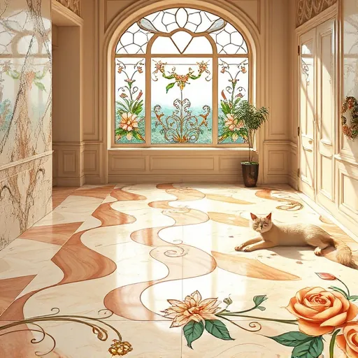 A luxurious interior scene showcasing the finest high-end flooring options for homes, designed in the elegant flowing lines and intricate floral motifs of ArtNouveau style. The image features a sophisticated space with seamlessly blended flooring materials, including rich, swirling-veined marble, warm polished hardwood with inlaid patterns, shimmering terrazzo dotted with colorful stones, and delicate, translucent porcelain tiles that reflect light. Stylized, curling botanical motifs—vines, blooming flowers, and ornate leaves—intertwine with the flooring, enhancing the harmonious, artistic atmosphere. In the background, a vintage-inspired window with stained glass allows soft natural light to cast colorful reflections on the floors. Quirky details such as an elegantly reclining feline with flowing fur patterns and an ornate floral-patterned rug add charming accents. The scene employs soft pastel tones like blush pinks, golds, and creamy beiges to evoke calm luxury, accented by deeper hues of forest green and ocean blue for richness. Overall, the image exudes tasteful elegance infused with whimsical artistry, highlighting upscale flooring options with an ArtNouveau aesthetic, appealing to design-conscious homeowners seeking sophisticated, high-quality interior solutions.