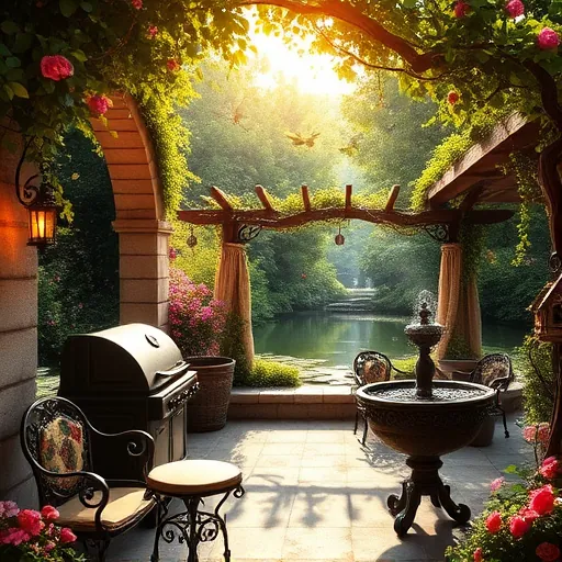 A magical outdoor entertainment area inspired by Pre-Raphaelite art, featuring a lush garden with richly colored foliage in emerald greens, sapphire blues, and warm amber tones. A stone archway covered in ivy and blooming roses frames a cozy patio decorated with ornate cast-iron furniture exhibiting swirling vine motifs. Twinkling fairy lights with petal-shaped bulbs hang overhead, casting a warm glow complemented by the shimmering reflection of a pond with lily pads and iridescent dragonflies. In one corner, a vintage-style barbecue area with floral-patterned ceramic tiles and an iron grill shaped like entwined serpents. Nearby, a rustic wooden pergola draped with flowering vines and delicate lace curtains offers an inviting space for outdoor dining. An ornate stone fountain carved with mythical creatures such as griffins and mermaids serves as a focal point, sparkling in the sunlight. Additional whimsical details include a small wooden birdhouse resembling a fairy-tale palace perched on a twisted tree branch and vintage lanterns hanging from ornate hooks, suggesting evening gatherings. The background includes layered flowering bushes and twisted trees that evoke mystique and playfulness through vivid reds, glowing golds, serene blues, and lush greens, creating a serene yet vibrant fairy-tale retreat filled with symbolic and poetic elements.