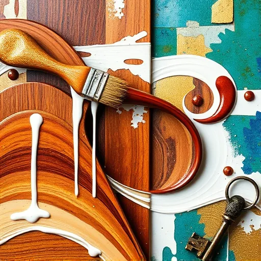 A vibrant abstract artwork inspired by Tachisme style, illustrating the process of cabinet refacing through bold, spontaneous brushstrokes and textured layers. Rich warm wood tones—mahogany, oak, and cherry—intersect with glossy white and metallic gold drips and smudges, symbolizing the transformation of cabinetry. Swirling organic shapes evoke cabinet doors and drawers, highlighting craftsmanship and renewal. Playful details include a cartoonish paintbrush with a mischievous grin peeking from behind a swirl and a tiny vintage key hanging from a brushstroke, adding personality. The dynamic background features colorful patches in deep blues, lively greens, and shimmering silvers, creating an energetic sense of change. Soft, diffused light enhances the inviting mood, emphasizing the creative and transformative nature of cabinet refacing depicted as an artistic celebration of style and renewal.