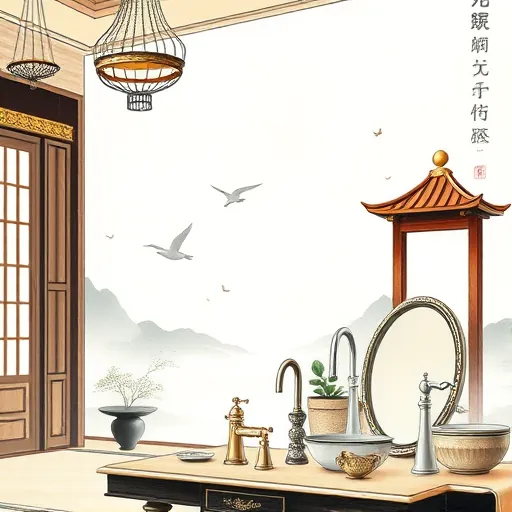 A serene Chinese Brush Painting-style scene showcasing luxury home fixtures, including ornate chandeliers, elegant faucets, and stylish light fixtures in a tranquil interior setting. The composition highlights delicate ink strokes capturing a tastefully decorated room with subtle gold and silver accents adding opulence. A refined wooden table displays high-end faucets, mirrors, and lighting elements, emphasizing craftsmanship and detail. Soft clouds or mist swirl in the background alongside minimalistic mountains and water, symbolizing harmony. Whimsical insects or birds are subtly nestled among the fixtures, adding charm. The scene features natural ink tones with hints of jade green, pearl white, and soft gold, creating an elegant, peaceful atmosphere suited for a luxury interior design theme. Traditional Chinese garden elements like pagoda windows enrich the harmonious blend of classic elegance and contemporary style.