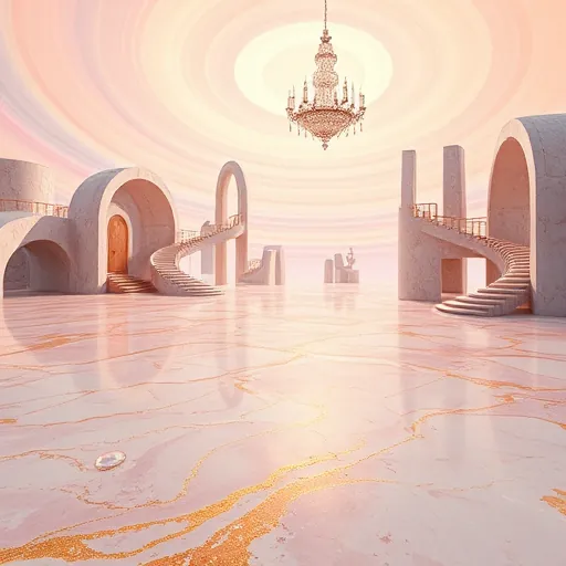 A surreal, dreamlike landscape illustrating the selection of premium materials for luxury renovations, featuring a vast, shimmering terrain under a swirling pastel sky of pinks, golds, and blues. In the foreground, oversized marble slabs with intricate veins resembling flowing gold ripple across the scene, reflecting an iridescent glow. A large floating crystal chandelier with faceted surfaces casts prism-like sparkles onto the ground. Abstract shapes inspired by luxurious fabrics—silk, velvet—intertwine with metallic elements such as shimmering gold and polished chrome, morphing into organic forms that symbolize craftsmanship and natural beauty. In the background, surreal architectural marvels including floating arches, spiraling staircases, and sculptural pillars are made of translucent, ice-like glass or velvet-textured walls that pulse rhythmically. Small whimsical details like trapped bubbles, miniature ladders on marble surfaces, and floating gemstones embedded within the structures evoke wonder and exclusivity. The scene balances calmness and enlightenment, blending surreal distortions and flowing forms with a pastel palette accented by luminous metallic tones, celebrating elegance, creativity, and opulent materials in an imaginative, otherworldly setting.