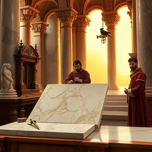 A grand Renaissance-inspired workshop scene illustrating the intricate process of countertop installation. The setting features towering stone columns and ornate arches resembling a cathedral, illuminated by warm golden light that highlights detailed marble textures and gold embellishments, conveying opulence and craftsmanship. In the foreground, a richly carved wooden workbench with mythological motifs holds antique-style tools like a hammer, chisel, and compass. A large marble slab with swirling veins and translucent mineral inclusions dominates the scene, emphasizing natural stone beauty. Playfully, a whimsical stone sculpture with a mischievous grin and expressive eyes peeks from an alcove, adding personality. Two artisans in classical robes, their faces obscured by Renaissance-style masks, work precisely—one measuring with a golden compass, the other smoothing the marble surface with a fine chisel. The tableau evokes reverence for traditional craftsmanship blended with a playful atmosphere, enhanced by tiny fanciful tool details and a bird perched on a pulley observing the scene. The color palette features deep reds, warm browns, and aged gold tones, creating a regal yet inviting mood that celebrates timeless artistry and dedication, making this an engaging, visually rich image for a blog cover focused on Renaissance craftsmanship and countertop installation.