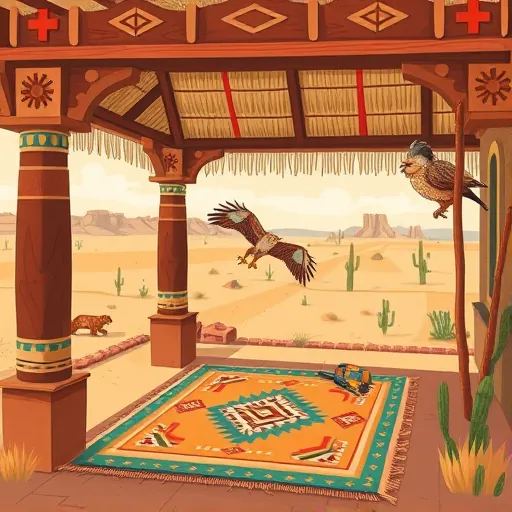 A vibrant, detailed illustration of a covered patio construction scene inspired by Native American art styles. The image features traditional materials such as carved wooden beams decorated with symbolic motifs, supporting a roof made of woven reeds and colorful fabric strips that flutter gently in the breeze. The ground is adorned with a large, intricately patterned tribal rug or tapestry, adding texture and cultural richness. Stylized geometric patterns and motifs, rendered in bold earthy colors like warm reds, deep browns, sandy beiges, with accents of turquoise and ochre, evoke a grounded, natural atmosphere. Abstract, ornamented construction tools—such as a saw, hammer, and measuring stick—are integrated into the design with organic shapes reminiscent of Native American glyphs. In the background, a stylized desert landscape features angular mesas and cacti, complementing the foreground’s motifs. Whimsical wildlife details, such as a curious jaguar and an eagle perched atop a pole, with detailed feather patterns, observe the scene, adding a playful yet respectful nod to nature. The overall artistic style blends flat, graphic shapes with intricate line work, balancing cultural storytelling with contemporary aesthetics. The scene emphasizes craftsmanship, tradition, and a deep connection to the land, making it an ideal visual for a blog cover on covered patio construction influenced by Native American art.