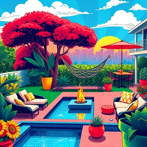 A vibrant PopArt-inspired illustration of luxurious outdoor living spaces featuring a lush, manicured backyard bathed in bold, contrasting colors such as emerald green, cerulean blue, coral, and sunshine yellow. The scene includes sleek, modern outdoor furniture with comic-book-style outlines—plush loungers, a stylish dining set, and a whimsical hammock between oversized, cartoonish trees with exaggerated foliage. An ultra-modern fire pit with swirling flames, a sparkling infinity pool with exaggerated ripples, and playful geometric-patterned cushions and umbrellas emphasize the artistic aesthetic. Oversized planters overflowing with stylized, exaggerated flowers like sunflowers and playful succulents, along with comic-style insects and birds, add quirky charm. In the background, a stylized Hollywood skyline with exaggerated sun rays and comic clouds enhances the scene’s grandeur. The overall composition is colorful, dynamic, and whimsical, perfectly capturing the essence of innovative, artistic outdoor luxury renovations for a captivating blog cover.