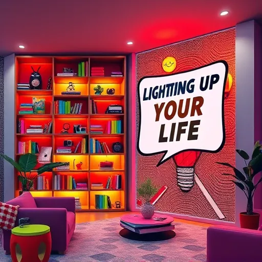 A vibrant, PopArt-inspired scene depicting a modern upscale living room featuring an oversized, stylish bookcase filled with brightly colored books arranged playfully, along with whimsical decorative objects like vintage cameras, abstract sculptures, and tiny potted plants with exaggerated cartoonish leaves. Integrated into the bookcase are custom, glowing light fixtures with bold, exaggerated shapes—such as giant bulbs, neon accents, and geometric LED panels—that cast colorful pools of light, creating dynamic shadows and highlights to emphasize texture and depth. The room showcases a sleek, high-contrast color palette with vivid reds, electric blues, sunny yellows, and punchy pinks, complemented by a bold-patterned wallpaper or mosaic wall with geometric shapes. A comic-strip-style speech bubble subtly frames an abstract billboard reading "Lighting Up Your Life," adding playful energy to the scene. Overall, the image exudes an energetic and optimistic mood, capturing the transformative and luxurious impact of bespoke bookcase lighting within a lively, eye-catching PopArt aesthetic.