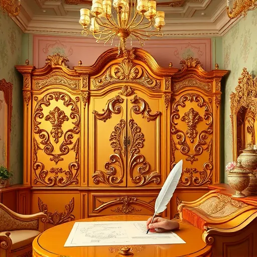 A luxurious Rococo-inspired scene showcasing the intricate craftsmanship of custom cabinet installation, featuring ornate, gilded woodwork and elaborate carvings with delicate scrollwork. The oversized cabinets are decorated with filigree details, swirling patterns, and Rococo motifs such as tiny cherubs and floral embellishments hidden within the designs. The background includes plush, pastel-colored walls adorned with gilded moldings and elegant damask patterns. The setting is a vintage-style workshop decorated in warm gold, soft pink, and mint green hues, exuding opulence and craftsmanship. Softly glowing chandeliers cast a gentle shimmer on gleaming wood surfaces, highlighting the detailed handiwork. Playful elements like a tiny, ornate magnifying glass inspecting carvings and a feather quill over fluttering blueprints add artistic personality. Elegant, curvy furniture and decorative items—such as elaborate mirrors and Rococo side tables—frame the scene, enhancing the sense of refined artistry. A whimsical floral motif in the corner adds a charming, smiling detail, reflecting the lighthearted yet sophisticated mood. The artwork’s vivid Rococo style features flowing lines, intricate ornamentation, and a pastel-heavy color palette that combines vintage elegance with playful refinement, emphasizing the beauty and meticulous detail of custom cabinet installation.