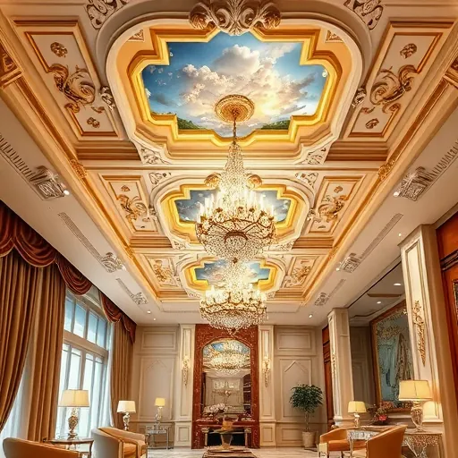 A hyperrealistic depiction of a luxury home interior showcasing custom ceiling treatments. The spacious living area features soaring ceilings adorned with intricate moldings, ornate gold accents, and elaborate wooden beams that highlight craftsmanship and elegance. Elegant chandeliers with sparkling crystals hang gracefully, casting warm, inviting light across the room. The ceiling design includes playful elements such as faux skylights with painted sky murals, hidden LED lighting creating dynamic patterns, and artistic plasterwork inspired by nature motifs like vines, feathers, and abstract waves. Surrounding the ceiling are plush velvet drapes, luxurious marble floors, and tastefully curated art pieces, all contributing to a refined, sophisticated ambiance. Subtle whimsical touches include tiny hidden critters or fairy lights embedded within the design, adding a charming personality. The overall color palette features warm golds, rich browns, soft creams, and gentle pastel blues and greens, enhancing the sense of luxury and serenity. Warm lighting emphasizes the textures and details of the ceiling, immersing viewers in a lavish, thoughtfully designed interior that celebrates bespoke artistic ceiling customization beyond the ordinary.