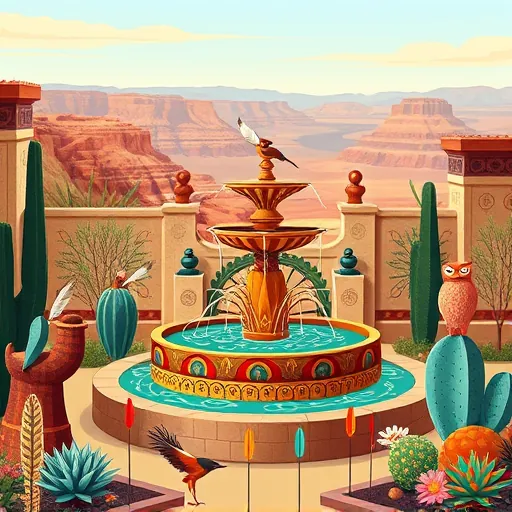 A beautiful custom fountain seamlessly integrated into a luxurious garden yard, designed in the intricate and vibrant style of Native American art. The fountain features traditional motifs with ornate, geometric patterns of stylized feathers, swirling rainbows, and symmetrical designs, serving as a whimsical yet regal centerpiece. Surrounding the fountain are stylized desert flora, including cacti with feathered accents, flowering succulents with bold, patterned leaves, and tall yucca plants, all rendered with bold lines and rich, earthy hues reminiscent of desert landscapes. Playful details include windswept feathers fluttering in the breeze, colorful arrows embedded in the ground as markers, and abstract animals like spirited foxes and wise owls perched atop stone pillars, adding personality and charm. The background shows a panoramic view of rolling mesas and layered canyons painted in warm terracotta, deep turquoise, and sandy beige tones, evoking a sense of serenity and grandeur. The overall scene combines cultural richness with a calm, opulent atmosphere, highlighting traditional artistry through fluid, organic lines and bold, contrasting colors characteristic of Native American visual aesthetics—creating a captivating, culturally rich image celebrating craftsmanship, elegance, and harmony between nature and art.