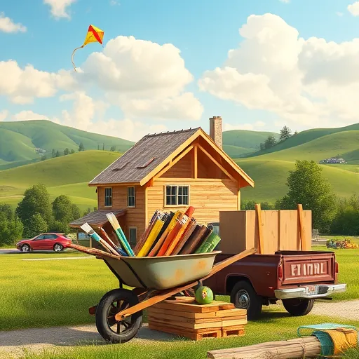 A vibrant blog cover image illustrating custom home building in a social realism art style with warm, inviting colors. The scene depicts a partially constructed house surrounded by lush green suburban landscape, with visible wooden beams and scaffolding indicating ongoing construction. In the foreground, a vintage wheelbarrow filled with colorful tools—paintbrushes, a tape measure, and a hammer—leans against freshly cut lumber, symbolizing hands-on craftsmanship. Quirky details include a kite flying lazily in the sky, symbolizing imagination and dreams, and a whimsical garden gnome peering from behind a wall, adding personality and humor. The background features rolling hills under a bright, clear sky with soft clouds, emphasizing openness and possibility. A vintage pickup truck with cheerful bumper stickers sits nearby, ready to transport supplies or future homeowners. The overall mood is calm, optimistic, and playful, highlighting the artistry, effort, and personal touch involved in custom home building, making this scene an inspiring visual representation of turning blueprints into cherished homes.