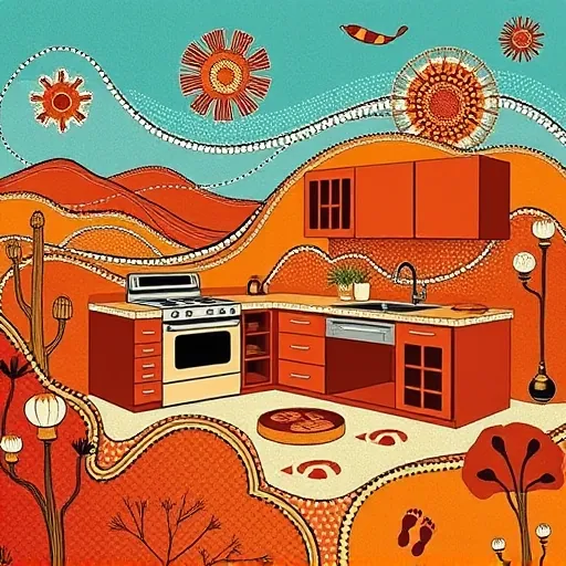 A vibrant Aboriginal Art-inspired illustration showcasing a custom kitchen renovation, featuring swirling patterns, dotted textures, and geometric motifs reflective of traditional Aboriginal artistry. The scene includes stylized kitchen elements such as a modern stove, countertops, and cabinets, abstracted into organic, flowing shapes with bold outlines and detailed dot embellishments, blending contemporary design with cultural symbolism. The warm earthy color palette comprises rich ochres, deep reds, burnt oranges, and creamy whites, accented with cool turquoise and muted browns, evoking creativity and grounded professionalism. In the background, a stylized landscape of rolling hills and dotted desert flora subtly references the natural environment, with decorative motifs resembling footprints and star patterns adding a playful, whimsical touch. Overall, the artwork celebrates craftsmanship, personal expression, and harmony between built space and nature, with flowing lines and textured dots conveying movement, connection, and a sense of cultural artistry in the kitchen design.