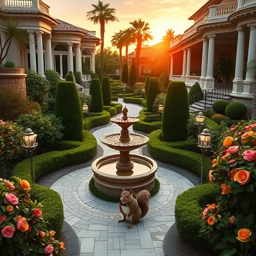 A detailed blog cover image illustrating custom landscaping for luxury homes in a SocialRealism style, featuring a lush, meticulously designed garden with deep green foliage, warm gold accents, and elegant neutral tones. The scene showcases a grand, well-maintained garden with perfectly pruned topiary, blooming rose bushes, and winding stone pathways illuminated subtly to invite exploration. A Victorian-inspired ornate water fountain serves as the focal point, reflecting soft golden sunset hues. In the background, stately luxury homes with tall columns, expansive glass windows, and terraced patios display sophisticated architecture. Playful, quirky touches include a vintage garden gnome in a tuxedo, a whimsical mosaic pathway, and a cheeky squirrel with a tiny scarf among the leaves, adding personality and charm. The vibrant yet controlled environment emphasizes harmony between nature and high-end design, bathed in warm, inviting lighting that highlights textures and details. This scene conveys a sense of premium craftsmanship, personalized elegance, and playful personality, appealing to viewers interested in bespoke, luxury landscaping artistry.