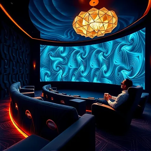A modern luxury home theater interior rendered in vibrant OpArt style featuring hypnotic geometric patterns, bold contrasting lines, and layered optical illusions. The scene includes plush, curved cinema seating with swirling, embedded fabric patterns that create an optical illusion, surrounded by walls decorated with stylized soundwave-inspired mosaics and integrated high-tech elements such as futuristic speakers and hidden, pulse-lit LED lighting. The ceiling boasts an abstract chandelier made of overlapping transparent geometric shapes casting playful shadows, adding quirky elegance. In the background, a large, sleek projection screen displays a shimmering, hypnotic pattern resembling a galaxy or wave, enhancing the immersive atmosphere. The color palette features deep navy, shimmering gold accents, and icy teal highlights, evoking opulence and modern sophistication. A playful touch is provided by a minimalist patron seated in a retro-futuristic lounge chair, wearing oversized 3D glasses and sipping a cup with floating bubbles, blending luxury with whimsical personality. The entire design captures the essence of a high-end, personalized entertainment space, emphasizing hypnotic optical patterns, layered geometric shapes, and subtle technological details to create an immersive, mesmerizing home theater renovation.