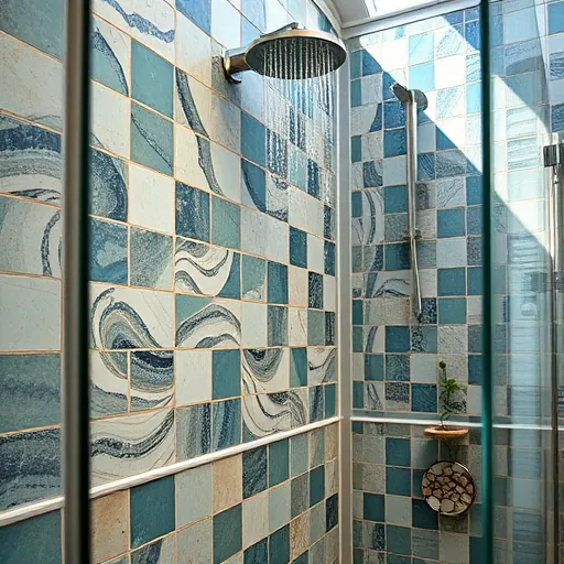 A detailed close-up of a luxurious custom tile shower showcasing a mosaic of multicolored, intricately arranged tiles with organic, flowing patterns resembling natural stone veins. The tiles feature harmonious shades of blues, greens, and earthy neutrals that evoke tranquility and sophistication. The shower is enclosed by a sleek, crystal-clear glass door with modern chrome fixtures. Inside, a rain showerhead disperses gentle water droplets, captured mid-fall with sparkling highlights, creating a refreshing ambiance. Quirky details include a small, polished pebble soap dish embedded seamlessly into the tile design and a delicate trailing vine with lush green leaves along the tile edge, adding natural charm. Soft natural light filters through a skylight, illuminating the textured tiles and enhancing the serene, elegant atmosphere. The overall scene exudes quality craftsmanship and luxurious relaxation, ideal for a premium bathroom remodeling blog.