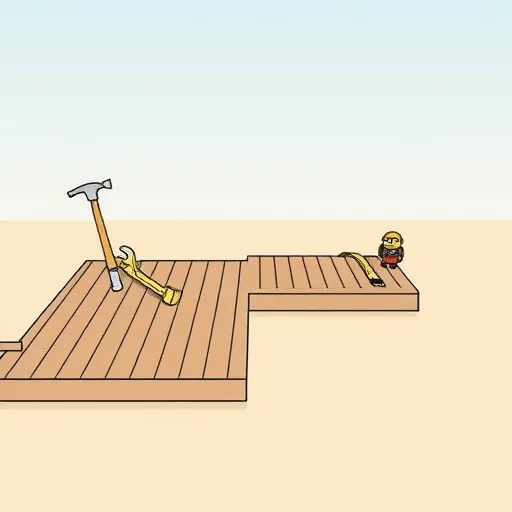 A minimalist, visually striking illustration of deck construction featuring clean, simple line art of partially built wooden decks with sleek, geometric planks arranged in a precise yet dynamic pattern. Subtle stylized tools such as a hammer, wrench, and measuring tape are integrated into the composition, resting on or leaning against the deck structures. The artwork uses a restrained monochromatic palette of muted browns, cool grays, and soft beige tones, creating a calm and professional mood. The background consists of an uncluttered pastel-colored gradient transitioning from soft sky blue at the top to warm sandy beige at the bottom. Playful details include a small cartoonish bird perched on a plank and a miniature robot measuring spacing, adding personality without overpowering the clean design. The scene suggests an outdoor environment, hinting at a backyard or park setting, with minimal, simplified greenery and distant trees outside the main focus. Overall, the artwork emphasizes simplicity and clarity, highlighting craftsmanship and precision in deck construction with a friendly, inviting vibe.
