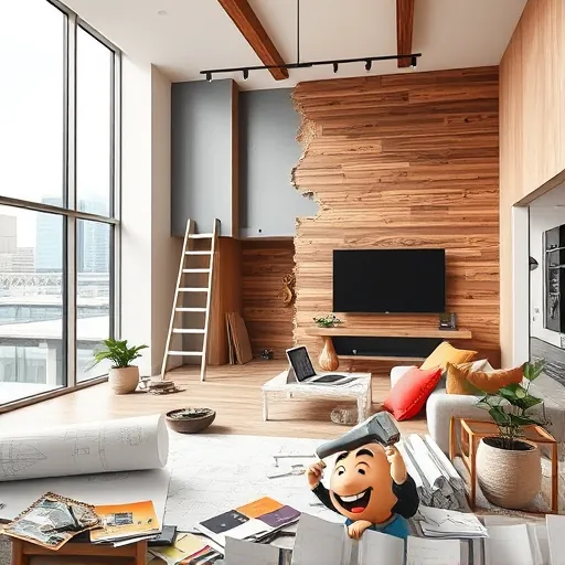 A detailed interior scene illustrating the concept of "Design-Build Remodeling," featuring a modern, open-concept living space undergoing transformation. One side of the room displays a pristine, finished wall with elegant, neutral-colored surfaces, while the adjacent area shows ongoing remodeling with exposed wooden beams, construction tools, scattered hardware, and a partially demolished wall. An artistic drafting table with blueprints, colorful swatches, sketches, and digital tablets highlights the creative planning process. A ladder leans against a newly installed feature wall, symbolizing progress. Bright decor accents, including vibrant cushions and a whimsical potted plant, add personality. Large floor-to-ceiling windows reveal an urban cityscape, bathing the scene in soft natural light. The realistic art style emphasizes textured details like reclaimed wood grain, reflective fixtures, and dynamic light and shadow play, all within an earthy-neutral color palette accented by lively pops of color. Whimsical elements, such as a cartoonish smiling hammer peeking out from construction materials, evoke a sense of creativity, craftsmanship, and the transformative power of thoughtful design and remodeling.