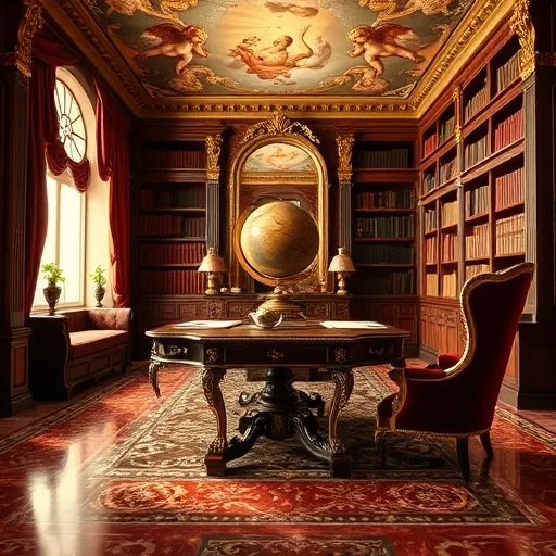 A luxurious high Renaissance-inspired home office featuring an expansive gilded dark mahogany desk adorned with cherub and floral carvings. Behind the desk, an ornate framed mirror reflects rich tapestry wallpaper with regal red and gold patterns. Tall, elegant bookshelves filled with leather-bound volumes reach up to a ceiling fresco depicting cherubic putti among swirling clouds and divine light, enhancing the divine atmosphere. To the side, a plush velvet armchair resembling a throne invites relaxation, while vintage quills and parchment papers suggest scholarly pursuits. An ornate globe with a whimsical miniature spaceship orbiting it adds a playful, quirky touch to the otherwise regal setting. Warm, golden light floods the room through a large arched window draped with sumptuous velvet curtains, creating an inspiring ambiance. The marble floor features intricate mosaic patterns that reflect the golden glow, emphasizing the scene’s opulence. The detailed composition embodies the grandeur of the High Renaissance, blending classic elegance with a fun, modern twist that symbolizes innovation and imagination—ideal for a sophisticated blog cover on designing luxury home offices.