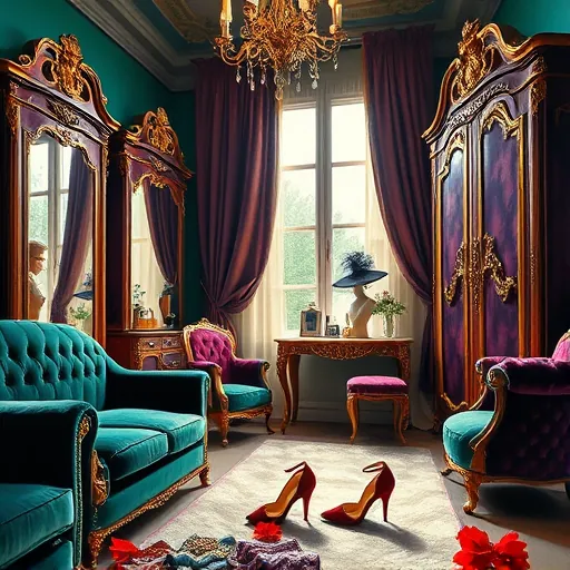 A vibrant, expressive scene of a luxurious dressing room rendered in bold, energetic brushstrokes. The room features plush velvet seating in deep emerald and royal blue hues, accented with shimmering gold details on ornate mirrors, chandelier reflections, and decorative trims. Elegant vintage-inspired wardrobes with intricate carvings and exaggerated proportions line the walls, their open doors revealing flowing silk, satin, and lace fabrics swirling in lively patterns. A grand, ornate vanity with a swirling, abstract mirror dominates the foreground, decorated with glamorous accessories such as jewel-toned perfume bottles, sparkling jewelry, and textured fabric swatches, all painted with dynamic strokes conveying movement and extravagance. In the background, a large window with flowing velvet curtains casts soft, diffused light into the space, creating playful, abstract shadows. Quirky details include a whimsically tilted mannequin head wearing a feathered hat and an oversized pair of high heels placed casually on a plush rug. The scene blends playful sophistication with a lively, surreal energy, showcasing rich jewel tones like deep emeralds, royal purples, shimmering golds, and bursts of ruby red set against muted greens and shadowed backgrounds, emphasizing opulence and artistic flair.