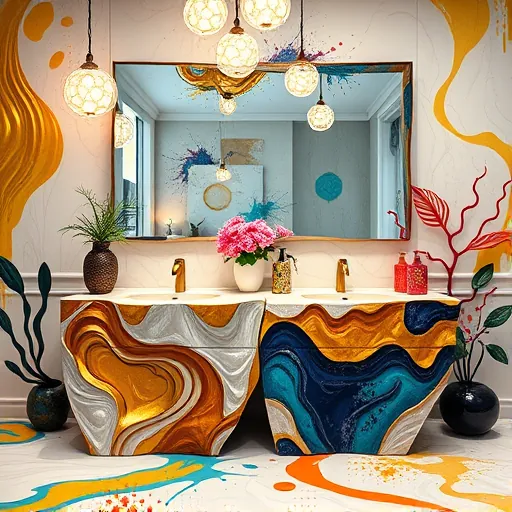 A vibrant Neo-Expressionist rendering of a luxurious bathroom featuring innovative double vanity ideas, showcasing two distinct opulent vanity units with unconventional shapes—one with flowing, organic curves resembling water, and the other with jagged, gemstone-like edges. The textured surfaces are painted with bold layers of gold, deep blue, and shimmering silver, emphasizing luxury. Surrounding the vanities are exaggerated, abstract plants with twisting leaves and oversized soap dispensers with quirky patterns, adding personality and whimsy. The background hints at a spacious, high-end bathroom with sweeping brushstrokes suggesting marble tiles, vibrant splashes of color for mood lighting, and abstract glowing orbs acting as light fixtures. A distorted, irregular-framed mirror creates playful reflections, while contrasting fiery reds and cool turquoise accents add vibrant energy. The overall scene exudes artistic chaos, confidence, and dynamism, highlighting a creative, unconventional approach to luxury bathroom design with expressive, textured layers and lively movement.