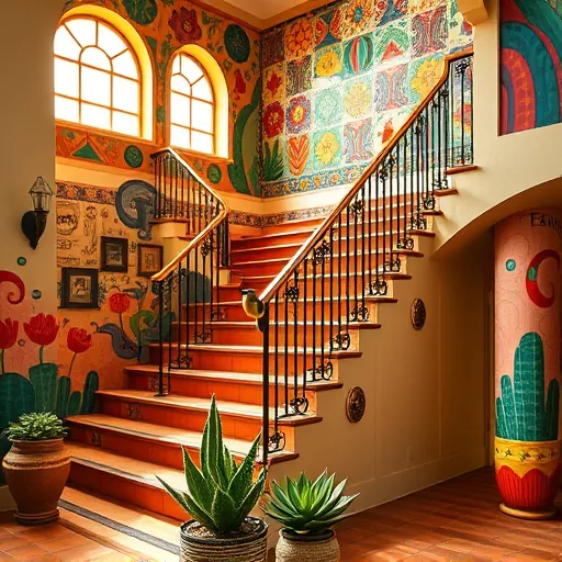 A vibrant, sweeping staircase remodel inspired by Mexican Muralism, featuring bold geometric shapes and intricate patterns. The staircase is crafted from textured terracotta tiles with ornate wrought iron railings decorated with lively, abstract motifs reminiscent of Diego Rivera’s murals. Surrounding the staircase are mural-like murals displaying abstract floral designs, swirling geometric patterns, and mythological symbols in vivid reds, deep blues, and earthy ochres, reflecting Mexican cultural heritage. Soft sunlight filters through Panchina-style windows, casting a warm glow that accentuates the textures and vibrant colors. Playful details include whimsical cactus-shaped wall sconces, colorful ceramic planters filled with succulents, and a stylized potted agave plant with exaggerated leaves at the base of the stairs. The background features a lively patterned wall resembling traditional Talavera tiles blended seamlessly with mural art, emphasizing craftsmanship. Small stylized birds perched along the banister add movement and personality, while the overall scene exudes a sophisticated yet playful atmosphere. Executed in the Mexican Muralism style, this design highlights bold outlines, vibrant contrast, and cultural storytelling that celebrates beauty, tradition, and modern renovation.