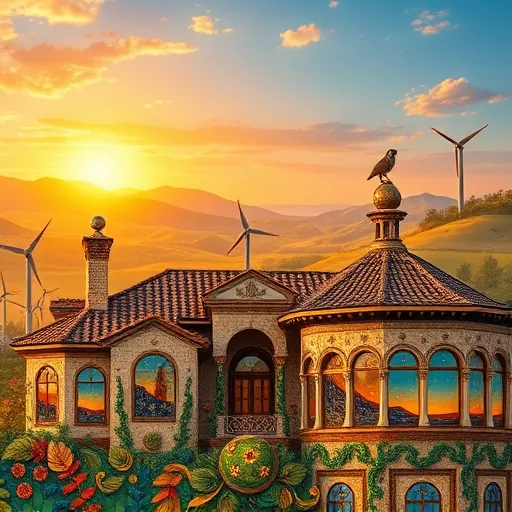 A detailed Byzantine-style mosaic illustrating an opulent luxury home integrated with renewable energy features. The scene showcases intricate tessellated patterns with shimmering gold accents and rich jewel tones, including deep azure, emerald green, and warm terracotta, conveying elegance and craftsmanship. In the foreground, ornate stylized leaves and vines intertwine with solar panels depicted as radiant halos above rooftops and wind turbines resembling majestic, angelic crowns, symbolizing renewable energy. Large windows with decorative mosaic borders reflect ambient light, indicating passive solar design, while arches and domes adorned with symmetrical motifs evoke Byzantine architecture. A tiny mosaic owl perched atop a chimney symbolizes wisdom in sustainability, and playful swirl patterns represent airflow, emphasizing ventilation. The background features a serene landscape with rolling hills outlined in golden mosaic tiles, dotted with stylized trees incorporating water-saving drip irrigation pipes as decorative details. The sky displays a luminous gradient blending oranges, blues, and purples, creating a calm yet vibrant atmosphere. The entire scene blends sacred symbolism with modern eco-technology, capturing a sense of innovation, luxury, and timeless craftsmanship in a visually captivating Byzantine-inspired mosaic.