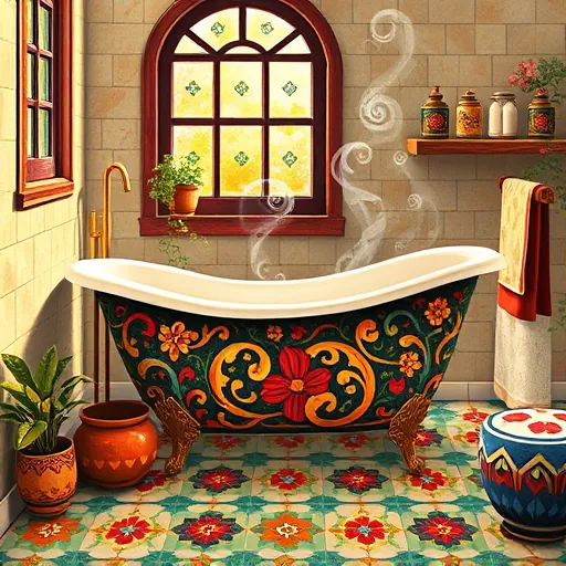 A vibrant FolkArt-inspired scene depicting a luxurious freestanding bathtub in an idyllic boutique bathroom. The tub features ornate, swirling patterns and bold decorative motifs, including intricate floral and geometric designs that reflect traditional folk art craftsmanship. Surrounding the tub are whimsical stylized elements, such as exaggerated leafy potted plants and brightly patterned tiles on the floor, each showcasing folk-inspired motifs in lively reds, blues, golds, and greens. Soft, golden light filters through a rustic stained-glass window with mosaic panes, casting colorful patches onto the scene and enhancing its inviting atmosphere. The background displays shelves with handcrafted soap, vintage-inspired jars, and quirky, hand-painted towels, all adorned with folk art embellishments that add personality and charm. Delicate, swirling steam rises from the tub, forming playful shapes like flowers or musical notes, creating an animated, whimsical effect. The overall tone is cheerful yet calming, celebrating beauty, tradition, and craftsmanship, perfect for inspiring culturally rich bathroom design. The art style features bold, textured brushstrokes and flat areas of color typical of FolkArt, with a harmonious palette dominated by warm reds, deep blues, sunny yellows, and lush greens, evoking a cozy, artistic sanctuary.