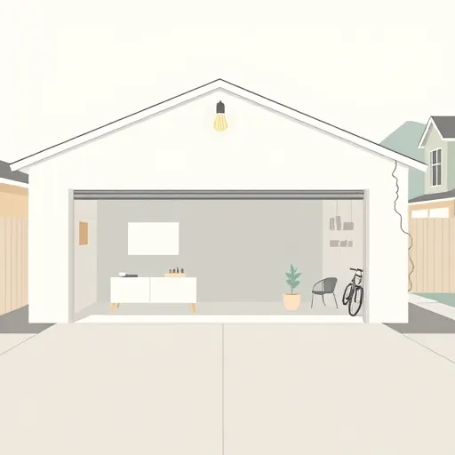 A minimalistic, sleek illustration depicting a modern garage conversion. The garage door is half-open, revealing a cozy living space inside with geometric shapes indicating a seating nook, a small plant on a side table, and subtle outlines of smart home devices. Outside, a tidy driveway features a bicycle leaning against the wall and whimsical vine plants along the edges, adding personality. The background shows a calm suburban street with minimal detail, emphasizing tranquility and modern simplicity. The color palette includes muted pastels like soft blues, warm grays, and off-whites, creating an inviting and fresh atmosphere. The art style is clean and spacious, with playful elements such as floating light bulbs, star-shaped windows, and stylized rooflines that evoke creativity. This image represents the innovative reimagining of garage spaces into stylish, efficient homes with charm and inspiration.