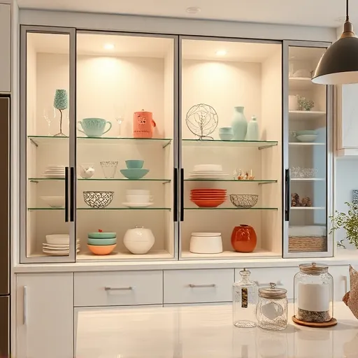 A hyper-realistic image of a modern kitchen featuring a glass-front cabinet filled with colorful, meticulously arranged dishware, glassware, and decorative ornaments. The transparent doors showcase organized shelves with reflections and light highlighting the clarity of the glass. Playful details such as tiny whimsical stickers and miniature plants add a quirky, inviting touch. The background displays a stylish, professional kitchen environment with polished countertops, subtle cabinetry details, and soft ambient lighting that emphasizes cleanliness and sophistication. Nearby, chic utensils and trendy storage jars enhance the functional yet stylish aesthetic. The scene's muted color palette of soft whites, warm beiges, and pastel accents creates an elegant, approachable atmosphere, conveying a sense of expertise and design confidence with a touch of personality.