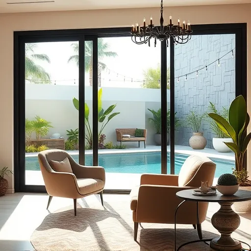 A detailed scene showcasing glass sliding door options for luxury home remodels, featuring an elegant, open-plan living space illuminated by soft natural light filtering through large, transparent glass sliding doors with minimalist matte black frames. The doors are slightly open, revealing a lush garden with vibrant tropical plants and a sparkling pool reflecting the sky, highlighting seamless indoor-outdoor integration. In the foreground, a vintage-inspired velvet armchair with curvy lines sits beside a quirky side table shaped like an oversized window, adding playful character. Subtle reflections and a whimsical, handcrafted chandelier with uneven elements enhance the quirky ambiance. Tiny, colorful marcasite stones embedded in the door frames provide decorative detail. Beyond the doors, a cozy patio adorned with string lights, abstract outdoor sculptures, and potted succulents creates an inviting, luxurious outdoor setting. The entire space features an open-plan design with textured, raw concrete walls rendered in the ArtBrut style—bold, expressive brushstrokes emphasizing raw, unpolished beauty. The color palette includes earthy browns, muted greens, soft blush pinks, with shimmering metallic accents and vibrant flora, combining modern elegance with whimsical, artistic charm.