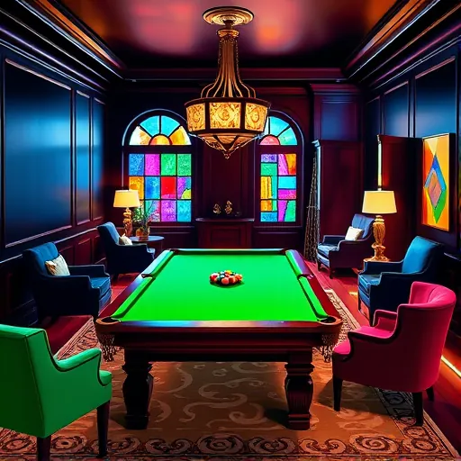 A vibrant cover image for a high-end billiard room renovation blog, styled as a ColorFieldPainting with large blocks of rich, luxurious colors. The scene depicts an opulent billiard room with polished dark mahogany walls accented with subtle gold details, creating a warm and inviting atmosphere. At the center is a pristine billiard table with green baize, rendered with smooth transitions of deep emerald and lighter highlights, conveying sophistication. Surrounding the table are abstract geometric shapes in bold contrasting hues—deep navy, burgundy, and champagne—representing elegant furniture such as velvet-upholstered lounge chairs and a vintage chandelier with oversized, colorful crystals hanging from a high ceiling. Decorative elements include a patterned rug with playful motifs, a whimsical oversized cue stick leaning against the wall, and a humorous large coin or trophy on a side table, adding personality. The background features abstracted architectural features like arched stained glass windows in vibrant jewel tones that diffuse colorful light into the room, complemented by plush, patterned curtains in contrasting colors. Overall, the image combines a luxurious yet playful tone with harmonious color blocks of blue, gold, and green, blending refined elegance with quirky artistic details to create a visually engaging representation of a stylish, lively billiard room.