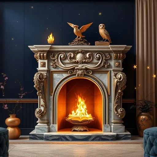 A luxurious living room featuring an ornate high-end fireplace designed in a rich symbolism art style. The marble fireplace is intricately carved with motifs inspired by classical mythologies, including intertwined vines, phoenixes symbolizing renewal, and celestial symbols representing aspiration. Gold accents and detailed scrollwork surround the fireplace, conveying opulence and craftsmanship. The background showcases a deep navy wall transitioning into a starry night sky with tiny shimmering lights resembling distant stars, creating a mystical and calming ambiance. Abstract golden flames flicker softly, blending with floral branches to symbolize warmth and harmony with nature. Floating smoky grey and amber veils add a dreamy, serene atmosphere. Subtle symbolic elements include a small owl perched on a carved ledge and flowing ribbons of open book pages woven into the hearth, hinting at wisdom and storytelling. The overall scene balances ornate detailing with symbolic simplicity, evoking refined tranquility, creativity, and timeless elegance. The color palette features deep blues, warm golds, creamy whites, and burnished bronze, emphasizing opulence and layered meaningful imagery in a sophisticated interior setting.