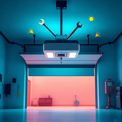 A modern high-end garage door opener installation scene rendered in vibrant, bold colors with a ColorFieldPainting style. The image depicts a large, smoothly finished garage with an open door, revealing a sleek, minimalist garage door opener mounted seamlessly on the ceiling. The high-tech opener features abstract geometric shapes with glowing neon accents, emphasizing advanced technology. Surrounding the scene are stylized, whimsical tools like a wrench and screwdriver floating mid-air, symbolizing innovation and craftsmanship with a playful, doodle-like quality. The background transitions from deep azure to soft cyan, creating an inviting professional atmosphere. Warm gold and cool teal highlights add a sophisticated shimmer, suggesting luxury and quality. Subtle abstract shapes in the background evoke a clean, organized workshop environment. Bright splashes of sunshine yellow and blush pink introduce energetic, lively elements. This stylish scene combines technical mastery with artistic playfulness, ideal for a blog cover on premium garage door opener installations featuring a futuristic, eye-catching visual style.