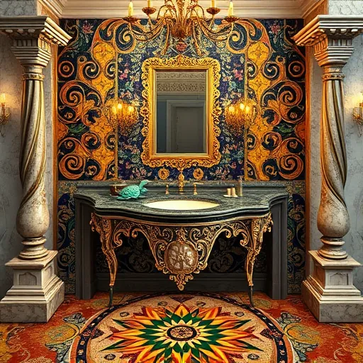 A luxurious half bathroom interior inspired by high-end Byzantine-style remodels, featuring an ornate gilded lavabo with intricate swirling patterns and mosaic tile detailing in golds, deep blues, and rich jewel tones. The walls are decorated with elaborate Byzantine mosaics of stylized floral motifs and geometric designs, adding texture and regal elegance. An amber-tinted chandelier with detailed metalwork and dangling pearls casts a warm, inviting glow over the scene. Playful touches include a small mosaic turtle perched on the cascading countertop and tiny embedded medallions depicting abstract faces and miniature saints, adding personality to the opulent setting. The background showcases marble columns with intricate carvings framing a beautifully detailed mirror with Byzantine filigree borders. The mosaic-style floor features an elaborate starburst pattern in shimmering gold and azure accents, enhancing the sense of luxury. Overall, the scene exudes calm, regal sophistication with meticulous craftsmanship, luminous gold highlights, and a rich palette of blues, golds, emerald greens, and deep reds, blending timeless Byzantine elegance with playful artistic details, perfect for high-end bathroom remodeling inspiration.