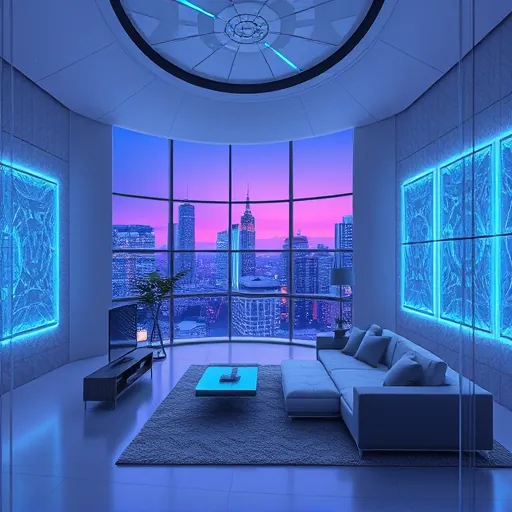 A sleek, futuristic interior of a luxury modern living space featuring advanced insulation solutions. The room has smooth, curving architectural elements, expansive windows showing a neon-lit city skyline. Embedded glowing panels with intricate geometric patterns adorn the walls, symbolizing high-tech insulation technology focused on energy efficiency and thermal resistance. Translucent, floating sheets with glowing edges represent innovative materials seamlessly integrated into the design. Subtle holographic displays and floating data readouts highlight key features like eco-friendliness and insulation performance. Playful details include miniature robots inspecting insulation components and tiny luminous air bubbles trapped within layers, emphasizing durability and quality. The scene exudes a calm, sophisticated ambiance with a clean, minimalist urban background blending metallic surfaces and glass, accented by neon highlights in blue, purple, and gold. The art style emphasizes bold geometric shapes, sharp lines, and dynamic compositions typical of Futurism, showcasing technological progress and forward-looking luxury. This high-tech interior design scene illustrates cutting-edge insulation enhancing modern luxury remodels with a playful, innovative vibe.