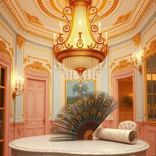 A luxurious Rococo-inspired interior scene showcasing high-end lighting solutions for upscale renovations. The centerpiece is an ornate, gilded chandelier with elaborate swirling carvings and shimmering crystal droplets, casting a warm, sparkling glow across the room. Surrounding it are delicate, curved wall sconces decorated with rocaille motifs, illuminating the lavish decor with soft, elegant light. Reflections and refractions from the crystals create playful light and shadow effects, enhancing the refined ambiance. The background features a richly decorated Rococo parlor with intricately molded ceiling details, gold leaf accents, and pastel-colored walls in shades of soft pink and powder blue, conveying opulence and vintage charm. Quirky accents include a flamboyant feathered peacock fan placed beside a classic marble table holding partially unrolled ornate lighting plans, symbolizing meticulous design planning. The scene exudes a calm, sophisticated mood, blending artful lighting with luxurious interior design. Emphasizing intricate details, flowing curves, and a palette of gold, pastel pinks, blushes, and soft creams, this image captures the elegance, refinement, and playful extravagance of high-end Rococo-style lighting for upscale renovations—ideal for a blog cover on luxury interior lighting solutions.