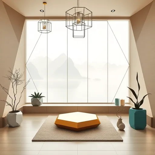 A high-end, geometric meditation room featuring interconnected shapes such as triangles, hexagons, and floating polygons in soft matte finishes. The space uses a calming color palette of muted gold, plush cream, deep charcoal, and gentle teal accents, creating an atmosphere of tranquility and luxury. Central to the design is a layered, polygonal geometric seat or cushion, emphasizing serenity without human figures. Elegant crystalline chandeliers hang delicately, casting diffuse light that enhances the refined ambiance. Surrounding elements include abstract, angular plants and minimalist statues, with quirky details like floating sculptures and interlocking triangle plant forms. The background displays a serene, abstract landscape of faceted mountains and lakes viewed through a large, geometric window with transparent shapes, blending natural beauty with modern architectural style. Overall, the scene exudes calm, sophistication, and playful modernity, reflecting a luxurious geometric retreat for meditation, captured in a style emphasizing clean lines, bold patterns, and a restrained color palette.