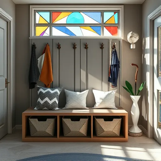 A cubist-inspired visualization of a luxurious mudroom renovation featuring geometric shapes and fragmented planes to create a dynamic scene. The modern entryway includes a sleek, angular bench with textured storage baskets depicted as abstracted cubes and triangles, combining sophistication and practicality. Behind, angular cubist hooks and minimalist shelves intersect in sharp, harmonious planes. Stylized, faceted doors with reflective surfaces capture distorted light, enhancing the scene's depth. The background showcases a spacious, airy environment with stained glass-like windows casting colorful, fragmented light patterns in deep teal, warm ochre, ash gray, and soft coral hues, creating a calm, upscale atmosphere with playful accents. Quirky details include an abstract gemstone-shaped umbrella stand and a cubist-inspired plant holder with stylized angular leafy shapes. The sleek, modern entryway is illuminated by natural and artificial lighting emphasizing bold geometric forms and textured surfaces, embodying a contemporary, innovative design aesthetic suitable for high-end mudroom renovations.