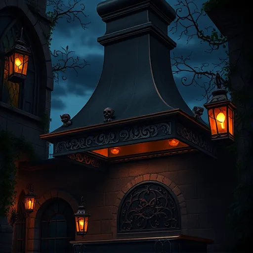 A Gothic-inspired outdoor kitchen ventilation illustration depicting high-end, vintage-style ventilation hoods crafted from aged blackened copper with intricate filigree patterns and gothic arches. The scene is set in a moody, mysterious environment featuring dark stone walls, creeping vines, and stained-glass accents, all illuminated by a twilight sky with deep navy and muted violet hues, complemented by flickering torchlight casting dramatic shadows. Quirky details include tiny gargoyle-like figures perched atop the vents, skull motifs embossed into the metalwork, and twisting wrought iron lanterns with flickering flames, enhancing the gothic ambiance. The illustration combines opulent Gothic architecture with enchanted wilderness, illustrating the elegance and sophistication of modern outdoor kitchen ventilation solutions integrated seamlessly into a dark fantasy setting, evoking a sense of grandeur, mystery, and playful intrigue.