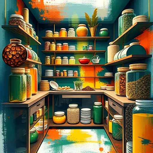 A luxurious, high-end walk-in pantry designed for an upscale home renovation, depicted in an abstract expressionism style with bold, dynamic brushstrokes and vibrant contrasting colors. The scene includes sleek, modern shelving integrated into an energetic explosion of abstract shapes and textures. Glossy glass jars filled with colorful spices, grains, and gourmet ingredients are represented with layered, textured forms and smudgy brushwork suggesting their contents. Elegant gold accents glow amidst the expressive chaos, adding a touch of opulence. Playful elements like a floating teacup and stylized herbs are subtly embedded, injecting personality and whimsy. The background features swirling patterns of deep blues, warm ambers, and lush greens, evoking richness and sophistication through non-representational art. Overall, the composition combines elegance with creative vibrancy, emphasizing innovative, personalized kitchen storage solutions in a refined and lively artistic style.