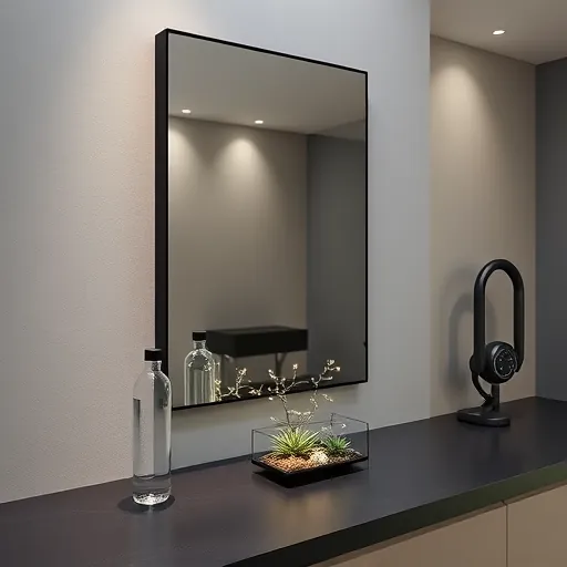 A sleek, modern high-end smart mirror designed for luxury fitness rooms, featuring a minimalist aesthetic with a seamlessly integrated glass mirror and a subtle black frame. The mirror reflects a sophisticated, clutter-free space with faint digital interfaces indicating smart interactivity. In front of the mirror is a matte black countertop holding a chic water bottle and a small plant terrarium adorned with tiny fairy lights nestled among miniature succulents. The environment exudes calmness and exclusivity, illuminated by soft ambient lighting that creates gentle shadows and emphasizes elegance. In the corner, a tiny, playful robot vacuum cleaner with a sleek design hints at smart automation. The background showcases a minimalist gym setting with softly textured walls, modern fitness equipment in muted greys, whites, and subtle metallic accents, enhancing the premium atmosphere. The overall scene combines cutting-edge technology with serenity, rendered in clean lines and a refined color palette of cool greys, whites, and muted metallic blues or greens, perfect for a professional yet inviting blog cover that highlights luxury fitness technology.