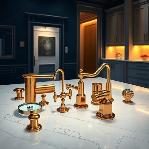 A sleek, modern workspace scene featuring an array of luxurious hardware pieces displayed on a minimalist marble surface. The hardware includes gleaming gold and chrome door handles, intricately designed drawer pulls, and ornately crafted faucets, all highlighted by soft, ambient lighting that creates subtle reflections, emphasizing their craftsmanship and opulence. Surrounding the hardware, abstract geometric patterns resembling architectural blueprints blend seamlessly into a background with a gradient from deep midnight blue to shimmering gold, evoking sophistication and exclusivity. Charming details such as a tiny magnifying glass inspecting a hardware element and a playful reflection of a small crown on a handle add personality and whimsical charm. In the background, faint outlines of high-end interior elements like luxurious doorways and refined cabinetry suggest a premium renovation environment. The overall aesthetic is chic and aspirational, rendered in a 'ConceptualArt' style with bold brushstrokes, layered textures, and a refined color palette of metallic golds, silvers, and deep blues, embodying elegance, luxury, and thoughtful design.
