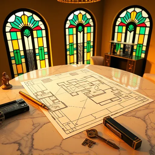 A luxurious art deco-inspired scene illustrating the detailed planning process of remodeling a high-end home. The image features a sleek, geometrically designed blueprint spread across a polished marble table, bathed in warm golden light that enhances the sophisticated atmosphere. Vintage-style measuring tools, ornate pens, and architectural sketches surround the blueprint, emphasizing meticulous craftsmanship. The setting includes decorative motifs such as symmetrical fans, sunbursts, and stepped patterns integrated into the environment, reinforcing the art deco aesthetic. Large stained glass windows with colorful patterns cast diffused, vibrant light, adding upscale refinement. Art deco decor accents, like a vintage radio and decorative sculptures, contribute personality and elegant charm. The scene’s color palette comprises rich golds, deep emerald greens, sleek blacks, with touches of cream and blush pink, creating a glamorous and timeless mood. Geometric harmony dominates the composition, with intricate lines on the blueprint subtly inspired by flowing art deco motifs, while small whimsical details like a vintage key and miniature house model add playful personality. The overall setting feels both a refined workspace and an artistic showcase, inviting viewers into the glamorous world of luxury home renovation planning.