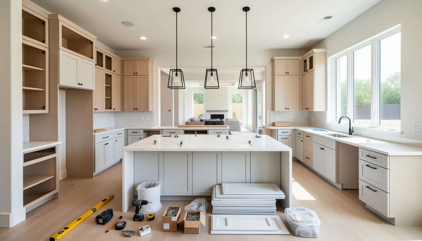 A modern Austin kitchen remodel in progress with custom cabinets, quartz countertops, and a large kitchen island under natural daylight.