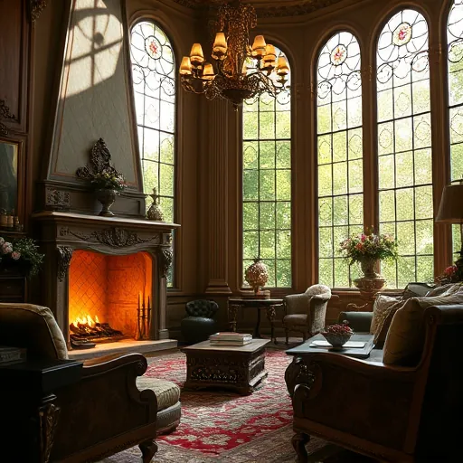 A luxurious, tranquil living room featuring Victorian-style decor infused with modern smart technology. Soft, dappled sunlight filters through tall, stained-glass windows depicting intricate scenes, illuminating richly carved wooden furniture with floral motifs and ornate gilded details. The space is adorned with richly patterned rugs, vintage books, antique vases, and lush, draping fabrics that evoke timeless elegance. A polished marble fireplace decorated with delicate vine-shaped scrollwork houses a discreetly embedded smart device that emits a gentle glow. A grand, bejeweled chandelier hangs from a vaulted ceiling, contrasting with sleek holographic displays floating subtly within the ambient light, symbolizing the fusion of past and future. Hidden panels and unobtrusive control interfaces seamlessly blend into the classical decor, while whimsical touches—such as pocket watches paired with miniature digital screens—add personality. Large stained-glass windows reveal a vibrant garden full of lush greenery and blooming flowers, emphasizing harmony between nature and technology. The scene's romantic, dreamlike atmosphere, rendered in vibrant jewel tones reminiscent of the Pre-Raphaelite Brotherhood, showcases intricate textures and colors that celebrate the integration of advanced smart home innovations into an opulent, classic setting.
