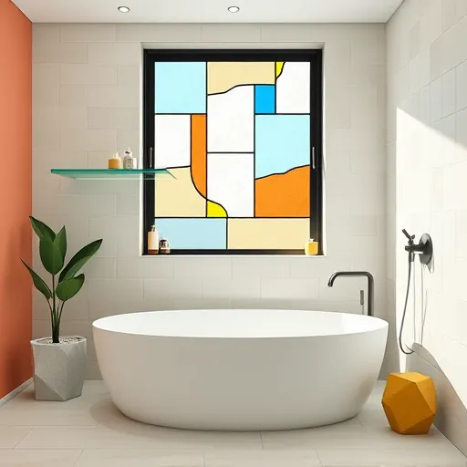A modern, minimalist luxury bathroom interior featuring Bauhaus-inspired geometric design elements. The scene includes a sleek, freestanding soaking tub with smooth, rounded curves, complemented by angular, stylized fixtures. The walls are decorated with abstract, rectangular tiles in calming pastel shades of blue, cream, and mint green, accented with vibrant coral and mustard yellow accents for visual contrast. Artistic, simplified plant motifs with stylized, faceted leaves—such as a sculptural aloe or fern—add a touch of nature. Key spa features include floating stone benches, minimalist water fountains, and sleek, geometric soap dispensers, emphasizing the functional and artistic Bauhaus style. A semi-transparent glass shelf shaped like an abstract wave holds quirky decor items like tiny ceramic cacti and geometric candles. Large, angular stained-glass windows cast colorful, fractured light into the space, creating a lively yet tranquil atmosphere. The overall design balances rounded and angular forms, vivid color contrasts, and inventive details, resulting in a sophisticated, playful bathroom that blends luxury with artistic, Bauhaus-inspired style.